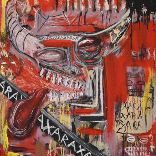 100x110cm - Xara and the Devil - Artist_Smashi the Fool - Technique - acryl, cans, oilstick on canvas - Price 1.050,-€