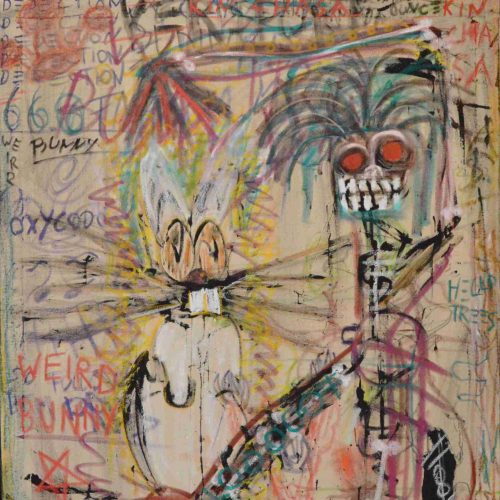 100x110cm - kin chasa and the weird bunny - Художник_Smashi the Fool - Техника - акрил, кутии, маслена боя върху платно - Цена 1.050,-€