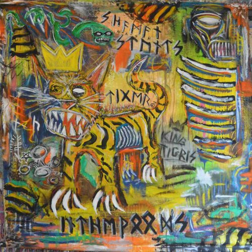 cca 180x180cm - Král Tigris - Autor_Smashi the Fool - Technika - akryl, plechovky, olejová tyčinka na plátně - Připevněno na dřevě, aby se dalo srolovat nahoru a dolů - Cena 1.800,-€